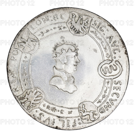 Majnert's forgery of the crown thaler, Sigismund I the Old (King of Poland; 1506–1548). Obverse: Bust of Sigismund I in a coif, crown and armor, turned right, surrounded by a laurel wreath and five shields with the coats of arms of Poland, Austria, Prussia, Ruthenia and Lithuania; inscription in the rim: SIGISM.-.P.REX.PO-LONIE M-.D.LITHV-&:15 33. Reverse: Bust of Sigismund Augustus in a coif, crown and armor, surrounded by a laurel wreath and five coats of arms: Poland, Sforza, Ruthenia, Prussia and Lithuania; inscription around the rim: SIG:AVG:-:SECVND:- FILIVS:-REX.PO-LON.& C. 1533. Poland. Coin; diameter 42.3 mm; weight 26.70 g.