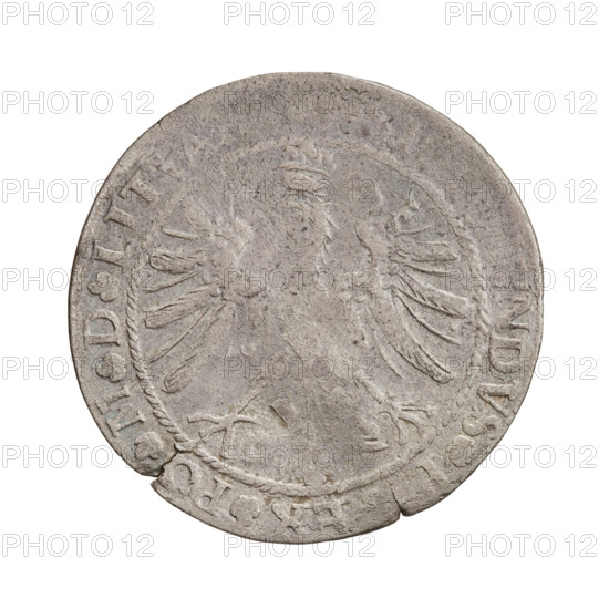 Lithuanian grosz, Sigismund I the Old (king of Poland; 1506–1548). Obverse: Polish crowned eagle, inscription on the rim between pearl borders with trefoil-shaped interword symbols: NDVS.P, EX.PO.MDLITV. Reverse: Pursuit (Pogon) turned left, below the year 1535; rim inscription between pearl borders divided at the bottom by a shield with the Column coat of arms, trefoil-shaped interleaving signs: .MO, . , .., DV - CATV, .LITVA. Grand Duchy of Lithuania, Vilnius. Coin, diameter 24.3–24.8 mm, weight 2.75 g.