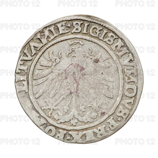 Lithuanian grosz, Sigismund I the Old (King of Poland; 1506–1548). R8 (rarity). Polish coin of the Jagiellon dynasty. Obverse: Polish crowned eagle; in the rim between pearl borders an inscription: *SIGISMV, DVS*P, R, X*PO, *D*LITVA, IE*. Reverse: Pogon (Lithuanian mounted knight) turned to the left; below the year 15–35; in the rim between pearl borders an inscription beginning with a trefoil, divided at the bottom by a shield with the Column coat of arms: MO, ETA*MAGNI D - VCATVS*LITVA, 1535. Grand Duchy of Lithuania / Poland; mint: Vilnius. Coin. Diameter ca. 25.3–25.8 mm. Weight 2.4 g.