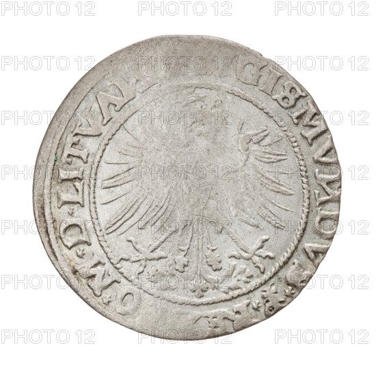 Lithuanian grosz, Sigismund I the Old (king of Poland; 1506–1548). R8 (rarity). Polish coin of the Jagiellon dynasty; motifs: coats of arms, eagles, Eagle (coat of arms), Pursuit (coat of arms; Lithuania). Obverse: Polish Eagle with a crown; in the rim between pearl borders an inscription: GISMV, DVS*P*RE, O*M*D*LITVA. Reverse: Pursuit turned left, below year 15–35; in the rim between pearl borders an inscription beginning with a trefoil, divided at the bottom by a shield with the Column coat of arms: . M, ETA*MAG, I*D -, VS*LITVA, 1535. Poland, Grand Duchy of Lithuania, Vilnius. Coin; diameter 25.5–25.8 mm; weight 2.37 g.