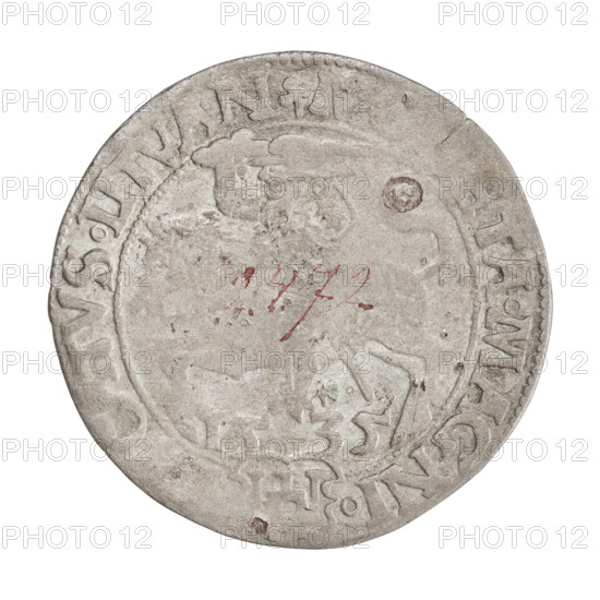 Lithuanian grosz, Sigismund I the Old (king of Poland; 1506–1548). Obverse: Polish crowned Eagle; in the rim between pearl borders an inscription beginning with a trefoil: . SIGISMVNDVS.P., PO.MDLITV.ANI]. Reverse: Pursuit (Pursuit emblem) turned left, below year 15 - 35, in the rim between pearl borders an inscription beginning with a trefoil, divided at the bottom by a shield with the Column coat of arms: ., TA.MAGNI. -, CATVS.LITVAN, 1535. Jagiellon dynasty; emblems: eagles, Pursuit (Lithuania). Grand Duchy of Lithuania, Vilnius. Coin; diameter 25.8–26.5 mm; weight 2.3 g.