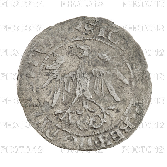 Lithuanian grosz, Sigismund I the Old (King of Poland; 1506–1548). R8 (rarity). Obverse: Polish crowned eagle; rim inscription between pearl-shaped borders: SIGI, P.REX.PO.M., ITVA. Reverse: Pogon (Lithuanian coat of arms) turned left, below the year 1536; rim inscription between pearl-shaped borders, divided at the bottom by the Column coat of arms: . MONETA., - .DVCA, 1536. Grand Duchy of Lithuania, Vilnius, Poland. Coin. Diameter 25.0–25.8 mm. Weight 2 g.