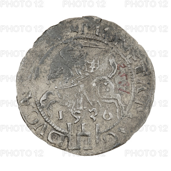 Lithuanian grosz, Sigismund I the Old (King of Poland; 1506–1548). R8 (rarity). Obverse: crowned Polish Eagle, rim inscription between pearl-shaped borders: SIGI, P.REX.PO.M., ITVA. Reverse: Pogon turned left, below the year 1536, rim inscription between pearl-shaped borders divided at the bottom by the Column coat of arms: . MONETA., - .DVCA, 1536. Grand Duchy of Lithuania, Vilnius. Coin (Poland/Lithuania), diameter 25.0–25.8 mm, weight 2 g. Subjects: eagles, Jagiellons (dynasty), coats of arms.