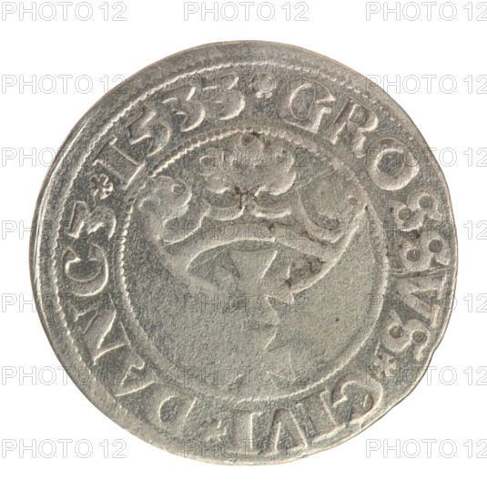 Gdansk grosz, Sigismund I the Old (King of Poland; 1506–1548). Jagiellonian-era Polish coin. Obverse: Crowned male bust in profile turned to the right; in the rim between pearly borders an inscription: .SIGIS.I.REX.PO.DO.TOCI.PR. Reverse: Coat of arms of Gdansk; in the rim between pearly borders the inscription: .GROSSVS.CIVI.DANCZ.1533. Date: 1533. Place: Gdansk, Poland. Diameter: 22.6–22.8 mm. Weight: 1.72 g.
