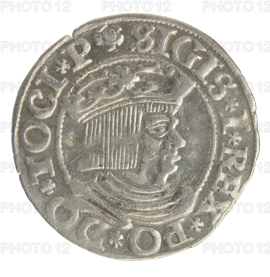 Gdansk grosz, Sigismund I the Old (King of Poland; 1506–1548). Obverse: Crowned male bust in profile turned to the right; in the rim between pearly borders an inscription: .SIGIS.I.REX.PO.DO.TOCI.P. Reverse: Coat of arms of Gdansk; in the rim between pearl borders the inscription: .GROSSVS.CIVI.DANCZ.1534. Date: 1534. Poland, Gdansk. Coin. Diameter 22.0–22.3 mm. Weight 1.32 g.