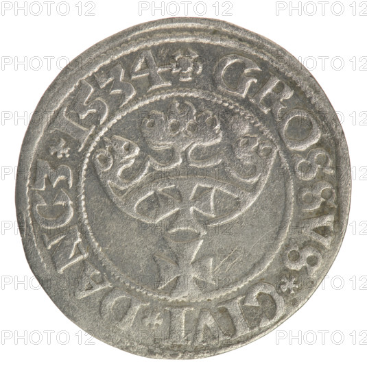 Gdansk grosz, Sigismund I the Old (King of Poland; 1506–1548). Obverse: Crowned male bust in profile turned to the right; in the rim between pearly borders an inscription: .SIGIS.I.REX.PO.DO.TOCI.PR. Reverse: Coat of arms of Gdansk; in the rim between pearly borders the inscription: .GROSSVS.CIVI.DANCZ.1534. Date: 1534. Poland, Gdansk. Coin. Diameter 22.2–23.0 mm. Weight 1.87 g. Subjects: Polish coins, Jagiellonians (dynasty), royal/male busts, city coats of arms, iconography of Sigismund I the Old.