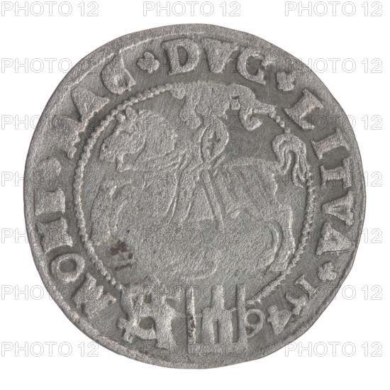 Lithuanian grosz on a Polish foot, Sigismund II Augustus (King of Poland; 1544–1572), Jagiellonians (dynasty), coats of arms, Polish coins, royal bust, Pogon (coat of arms; Lithuania), Sigismund II Augustus (King of Poland; 1520–1572) - iconography, male busts, Columns of Gediminas (coat of arms of Lithuania), monograms, tied monogram (type), monogram SA. Obv.: Crowned male bust in armour turned right, separating an inscription in a half-circle at the top: SIGIS. - VAG.REX; at the bottom horizontally in two lines: POLO.MAG / DVX.LIT. Rv.: Lithuanian chaser facing left, below under the crown a tied monogram composed of the letters S A and the Columns' coat of arms, which divide the inscription in the rim: MONE.MAG.DVC.LITVA.1546. 1546, Grand Duchy of Lithuania, Vilnius, Poland; coin; diameter 22.8–23.0 mm; weight 1.9 g.