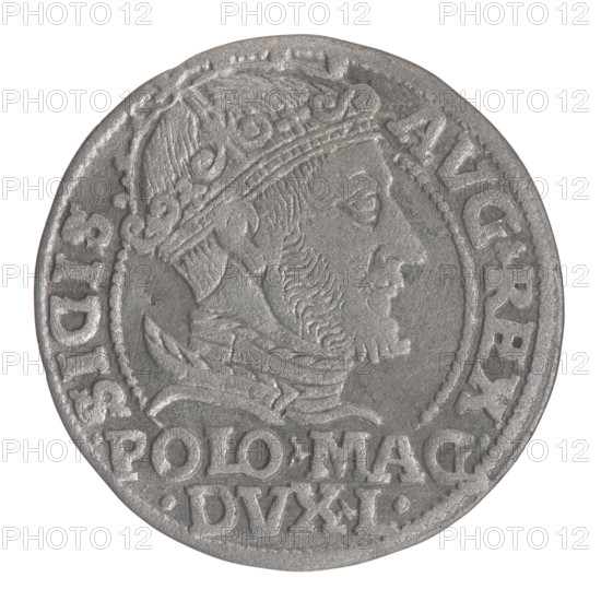Lithuanian grosz on a Polish foot, Sigismund II Augustus (King of Poland; 1544–1572). Polish coins; Jagiellonians (dynasty); coats of arms; Pogon (coat of arms; Lithuania); male busts; royal bust; Sigismund II Augustus (King of Poland; 1520–1572) — iconography; monograms; tied monograms; SA monogram; Columns of Giedymina (coat of arms of Lithuania). WQXBCFS
I:\nmw crop ready cleaned\ WQXBCFS
I:\nmw crop ready cleaned\Obv.: Crowned male bust in armor turned right, separating the inscription in a half-circle at the top: SIGIS - AVG.REX; at the bottom horizontally in two lines: .POLO.MAG./.DVX.L. WQXBCFS
I:\nmw crop ready cleaned\Rw.: Lithuanian Chase turned left; below, under the crown dividing the date 15 - 48, a tied monogram composed of the letters SA and the coat of arms Columns that divide the inscription in the rim: MONETA.MAGNI.DVCA.LITVA. Date: 1548. Place: Vilnius, Grand Duchy of Lithuania (Poland). Coin. Diameter: 22.4–23.0 mm. Weight: 1.8 g.