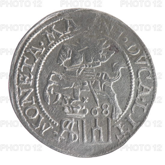 Lithuanian grosz on a Polish foot, Sigismund II Augustus (King of Poland; 1544–1572). Polish coin, 1568, Vilnius, Grand Duchy of Lithuania. Obverse: Crowned male bust in armour turned right, separating the inscription in a half-circle at the top: SIGIS - AVG.REX; at the bottom horizontally in two lines: POLO, MAG/. Reverse: Lithuanian Chaser facing left; below, under the crown dividing the date 15 - 68, a tied monogram composed of the letters SA and the Columns of Giedymina (coat of arms of Lithuania) that divide the rim inscription: MONETA.MA, I.DVCA.LIT. Attributes: Jagiellonian dynasty, coats of arms, Pogon (coat of arms; Lithuania), royal bust, monograms, SA monogram. Diameter 22.7–23.7 mm; weight 1.65 g.