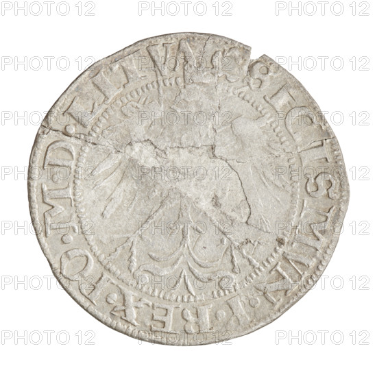 Lithuanian grosz, Sigismund I the Old (King of Poland; 1506–1548). Obverse: Crowned Polish Eagle; in the rim between pearl-shaped borders an inscription beginning with a rosette: SIGISMVN.P.REX.PO.MDLITVA. Reverse: Pogon turned left; under the horse on the right the letter I; below the year 1536; in the rim between pearl-shaped borders an inscription beginning with a rosette, divided at the bottom by the Column coat of arms: MONETA.MAG - DVCA.LITVA. Date: 1536. Grand Duchy of Lithuania (Vilnius). Coin (Polish), diameter 26.1–26.6 mm, weight 2.17 g.