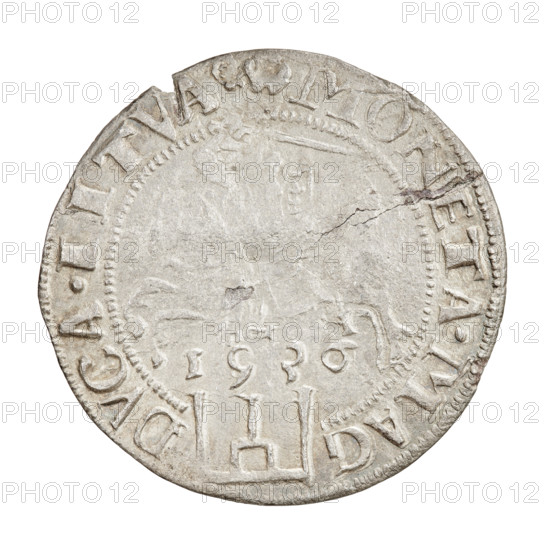 Lithuanian grosz, Sigismund I the Old (King of Poland; 1506–1548). Obverse: Crowned Polish Eagle; in the rim between pearl-shaped borders an inscription beginning with a rosette: SIGISMVN.P.REX.PO.MDLITVA. Reverse: Pogon turned left, under the horse on the right the letter I, below the year 1536; in the rim between pearl-shaped borders an inscription beginning with a rosette, divided at the bottom by the Column coat of arms: MONETA.MAG - DVCA.LITVA. 1536. Grand Duchy of Lithuania (Vilnius). Coin. Diameter ~26.1–26.6 mm; weight 2.17 g.