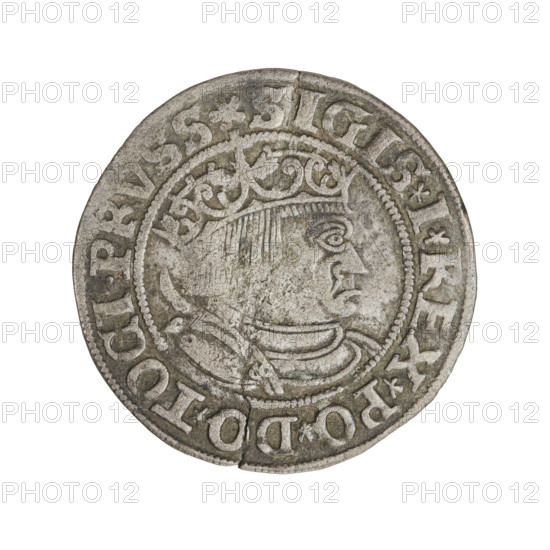 Prussian grosz, Sigismund I the Old (King of Poland; 1506–1548); obverse: crowned male bust in profile turned right, in rim between pearly borders inscription '.SIGIS.I.REX.PO.DO.TOCI.PRVSS Rw.'; reverse: the Eagle of Royal Prussia, in rim between pearl borders inscription '.GROSS.COMV.TERR.PRVSS.1533'; 1533; Torun, Poland; coin; diameter 23.0 mm; weight 1.89 g; iconography: eagles, Jagiellonian dynasty emblems, royal/male busts; inscriptions as above.