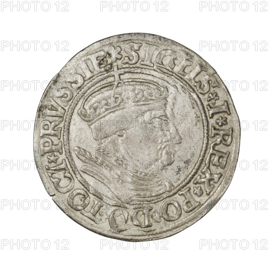 Prussian grosz of 1534 depicting Sigismund I the Old (King of Poland, 1506–1548). Obverse: crowned male bust in profile facing right; in the rim between pearl borders the inscription: .SI, IS.I.REX.PO.DO.TOCI.PRVSSIE. Reverse: the Eagle of Royal Prussia; in the rim between the pearl borders the inscription: .GROSS.COMV.TERR.PRVSSIE. Minted in Torun, Poland. Diameter approximately 24.0–24.2 mm; weight 1.9 g. Subjects/emblems: eagles, Jagiellonian dynasty, emblems, royal bust, iconography of Sigismund I.