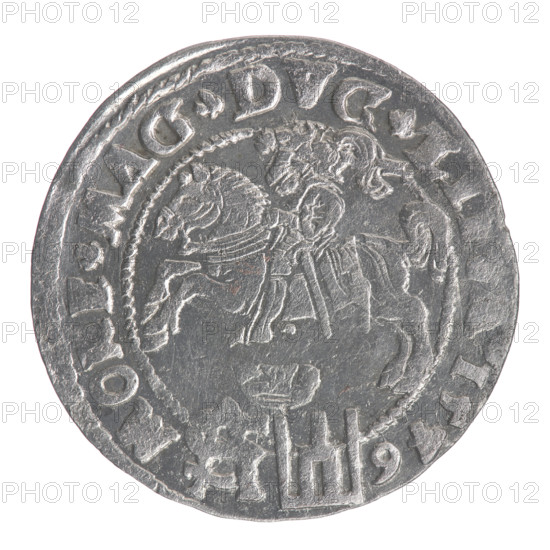 Lithuanian grosz on a Polish foot, Sigismund II Augustus (King of Poland; 1544–1572). Obverse: Crowned male bust in armour turned right, separating the inscription in a half-circle at the top: S G . - AVG.R, and horizontally in two lines at the bottom: POLO.MAG / DVX.LIT. Reverse: Lithuanian Chase (Pogon) facing left; below, under the crown, a tied monogram composed of the letters SA and the Columns of Gediminas coat of arms, which divide the rim inscription: MO . MAG . DVC . LI. Dated 1546. Grand Duchy of Lithuania (Vilnius). Coin, dia. 22.7–23.0 mm, weight 1.7 g.