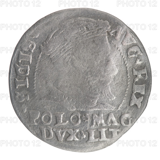 Lithuanian grosz on a Polish foot, Sigismund II Augustus (King of Poland; 1544–1572), Jagiellonians (dynasty); obverse: crowned male bust in armour turned right, separating inscription in a half-circle at top: .SIGIS. - AVG.REX.; at bottom horizontally in two lines: POLO.MAG / DVX.LIT; reverse: Lithuanian Pogon (chase) turned left; below, under the crown, a tied monogram composed of the letters SA and the Columns of Gediminas coat of arms, which divide the rim inscription: MO. MVG. C.LIT. 1546; dated 1546; Grand Duchy of Lithuania, Vilnius (mint), Poland; silver coin; diameters 22.8–23.2 mm; weight 1.76 g.