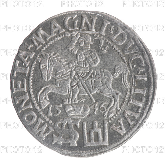 Lithuanian grosz on a Polish foot, Sigismund II Augustus (King of Poland; 1544–1572), Jagiellon dynasty; emblems; Polish coins; Pogon (coat of arms; Lithuania); royal bust; Sigismund II Augustus (1520–1572) — iconography; male busts; Columns of Gediminas (coat of arms of Lithuania); monograms; tied monogram (type); monogram SA. Obv.: Crowned male bust in armor turned right, separating at the top an inscription in a half-circle: SIGIS - AVG.REX; at the bottom horizontally in two lines: .POLO.MAG./.DVX.LI. Rev.: Lithuanian Pogon turned left, below a crown dividing the date 15 - 46, a monogram consisting of the letters SA and the Columns of Gediminas, which divide the inscription in the rim: MONETA.MAGNI.DVC.LITVA. Date: 1546. Grand Duchy of Lithuania, Vilnius, Poland. Coin; diameter 22.5–22.7 mm; weight 1.88 g.