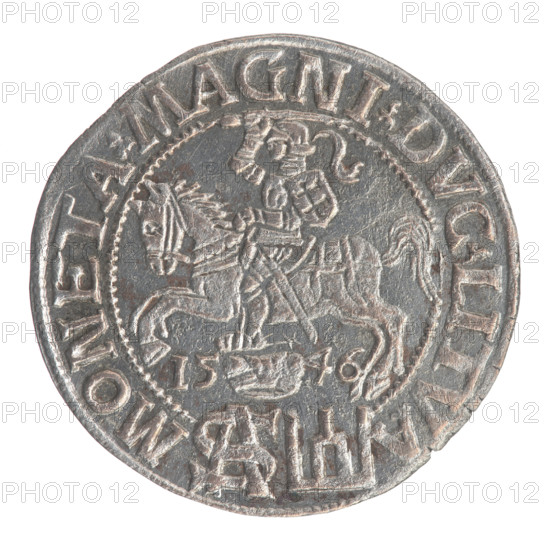 Lithuanian grosz on a Polish foot, Sigismund II Augustus (King of Poland; 1544–1572), Jagiellon dynasty. Obverse: crowned male bust in armor turned right, separating at the top an inscription in a half-circle: SIGIS-AVG.REX; at the bottom horizontally in two lines: .POLO.MAG./.DVX.L. Reverse: Lithuanian Pogon turned left, below a crown dividing the date 15-46, a tied monogram composed of the letters SA and the coat of arms of the Columns of Gediminas, which divide the rim inscription: MONETA.MAGNI.DVC.LITVA. 1546. Iconography: royal bust, monograms (tied monogram SA), Columns of Gediminas coat of arms, Pogon coat of arms. Grand Duchy of Lithuania, Vilnius; Poland. Coin; diameter ~22.2–23.0 mm; weight 1.83 g.