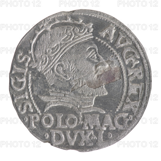 Lithuanian grosz on a Polish foot, Sigismund II Augustus (King of Poland; 1544–1572), Jagiellon dynasty. Obverse: crowned male bust in armor turned right, inscription SIGIS-AVG.REX in a half-circle above; at bottom in two lines .POLO.MAG/.DVX.L. Reverse: Lithuanian Pogon (mounted knight) turned left, below a crown dividing the date 15-47, a tied monogram of the letters SA and the Columns of Gediminas dividing the rim inscription MONETA.MAGNI.DVC.LITVA. Dated 1547. Grand Duchy of Lithuania (Vilnius), Poland. Coin; diameter ~22.7–23.0 mm; weight 1.73 g.
