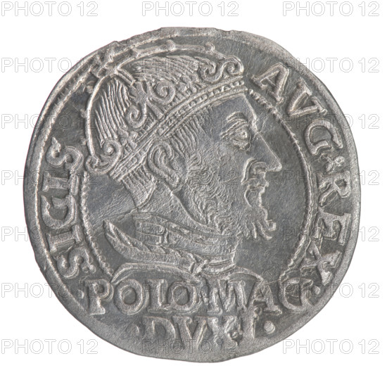Lithuanian grosz on a Polish foot, Sigismund II Augustus (King of Poland; 1544–1572), Jagiellon dynasty. Obverse: crowned male bust in armor turned right, inscription in a half-circle: SIGIS-AVG.REX; at bottom in two lines: .POLO.MAG/ VX.L. Reverse: Lithuanian Pogon (mounted knight) turned left; below, under the crown, date divided 15 - 47; a tied monogram of the letters SA and the Columns of Gediminas (Coat of Arms of Lithuania) which divide the rim inscription: MONETA.MAGNI.DVCA.LITVA. 1547. Grand Duchy of Lithuania (Vilnius), Poland. Coin; diameter 22.3–23.0 mm; weight 1.82 g.