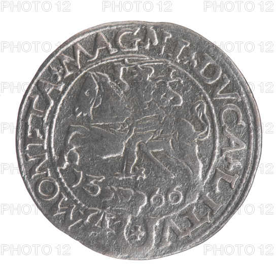 Lithuanian grosz on a Polish foot, Sigismund II Augustus (King of Poland; 1544–1572), Stanislaw Myszkowski (?-1570), Polish coin, Jagiellonian dynasty, coats of arms, Pogon (coat of arms; Lithuania), male royal bust, iconography of Sigismund II Augustus, monograms (tied monogram SA). Obverse: Crowned male bust in armour turned right, separating an inscription in a half-circle at the top: SIGIS-AVG.REX; at the bottom horizontally in two lines: .POLO.MAG, /.DVX.L. Reverse: Lithuanian Pursuit facing left, below the crown dividing the date 15-66, a monogram of the letters SA and the Jastrzebiec coat of arms dividing the rim inscription: MONETA.MAGNI.DVCA.LITV. Date: 1566. Mint/place: Tykocin, Grand Duchy of Lithuania. Coin; diameter ~22.2–22.8 mm; weight 1.84 g.
