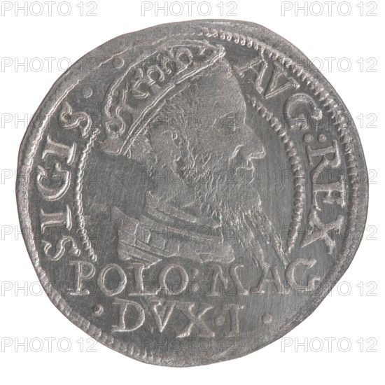 Lithuanian grosz on a Polish foot, Sigismund II Augustus (King of Poland; 1544–1572). Polish coin (1568). Obverse: Crowned male bust in armour turned right, separating a half-circle inscription: SIGIS. AVG:REX; at bottom in two lines: POLO:MAG / DVX.L. Reverse: Lithuanian chase (Pogon) turned left, below under the crown dividing the date 15 - 68, a tied monogram composed of the letters SA and the Columns of Gediminas (coat of arms) that divide the rim inscription: MONETA.MAGNI.DVCA.LIT. Diameter ca. 23.0–23.5 mm; weight 2.05 g.