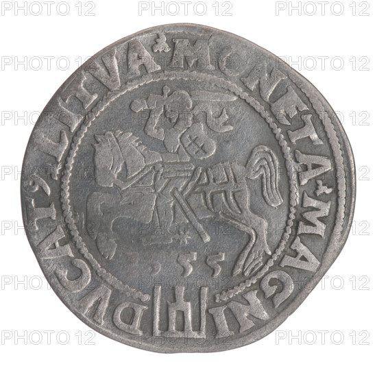 Lithuanian grosz, 1555. Obverse: crowned male bust of Sigismund II Augustus in armour, profile right; rim inscription divided at top by a crown cross: .SIGIS.AVG.REX.POL.MAG.DVX.LIT. Reverse: Lithuanian Pogon (Pursuit) facing left, below the date, 55 and the Columns of Gediminas coat of arms dividing the rim inscription: .MONETA.MAGNI - DVCAT9.LITVA. Materials: coin; diameter c.23.8–24.8 mm; weight 2.32 g. Iconography: royal bust, coats of arms, Jagiellon dynasty.