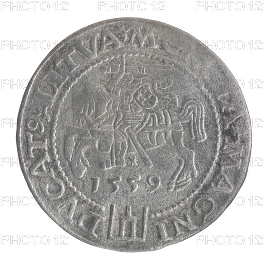 Lithuanian grosz on a Lithuanian foot, Sigismund II Augustus (King of Poland; 1544–1572), Jagiellonian dynasty; coats of arms; royal bust; Polish coin; Sigismund II Augustus (King of Poland; 1520–1572) — iconography; male bust; Columns of Gediminas (coat of arms of Lithuania); Pogon (coat of arms; Lithuania). Obverse: crowned male bust in armour with profile turned to the right, rim inscription divided at the top by a crown cross: .SIGIS.AVG.REX.POL.MAG.DVX.LIT. Reverse: Lithuanian Pursuit (Pogon) facing left, below the date 1559 and the Columns of Gediminas coat of arms dividing the rim inscription: TA.MAGNI - DVCAT9.LITVA. Date: 1559. Place: Vilnius, Grand Duchy of Lithuania (Poland–Lithuania). Coin diameter: ca. 24.3–24.6 mm. Weight: 2.16 g.