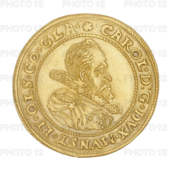 2 ducats, Charles II (Duke of Ziebice-Olesnica; 1587–1617). Obverse: male bust in armour with a sash, wide ruff and long beard, turned right; rim inscription beginning with a rosette: 'CAROL.D:G.DVX.MVNST.ET.OLS:CO:GLA.' Reverse: five-field coat of arms of the Duchy of Ziebice-Olesnica, with the Podebradowicz coat of arms in the heart field; rim inscription at the top divided by a shield: 'SVPREM.PER.VT. - SIL.CAPIT.1612.' Date: 1612. Region: Silesia, Duchy of Olesnica. Subject/genre: Silesian coin; diameter 29.4 mm; weight 6.92 g.