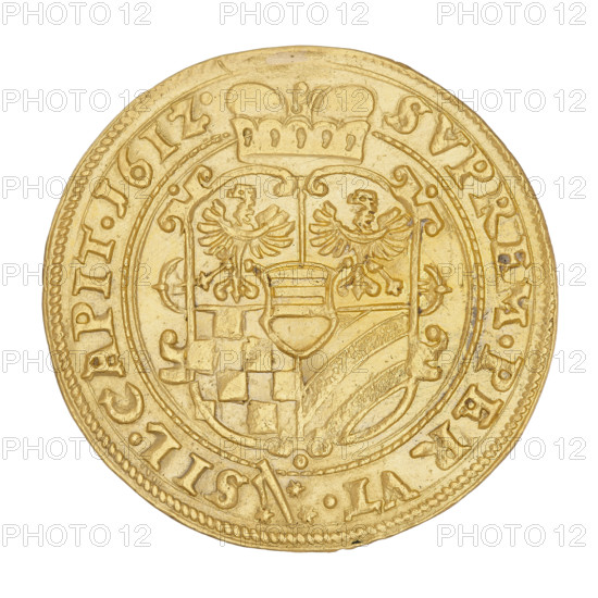 2 ducats, Charles II (Duke of Ziebice-Olesnica; 1587–1617). Obverse: male bust in armour with a sash, wide ruff and long beard, turned right; rim inscription beginning with a rosette: 'CAROL.D:G.DVX.MVNST.ET.OLS:CO:GLA.' Reverse: five-field coat of arms of the Duchy of Ziebice-Olesnica, heart field with the Podebradowicz coat of arms; rim inscription at top divided by a shield: 'SVPREM.PER.VT. - SIL.CAPIT.1612.' Date: 1612. Place: Silesia, Duchy of Olesnica. Coin; diameter 29.4 mm; weight 6.92 g.