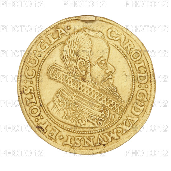2 ducats, Charles II (Duke of Ziebice-Olesnica; 1587–1617). Obverse: male bust in armour with a sash, in a wide ruff and with a long beard, turned right. On the rim, between the pearl borders, an inscription divided at the top by the ruler's head: CAROL.D:G.DVX.MVNST.ET.OLS:CO:GLA. Reverse: five-field coat of arms of the Duchy of Ziebice-Olesnica, in the heart field the Podebradowicz coat of arms; above the shield three jewels with labres. In the rim between the pearl borders an inscription twice divided by a shield: SVP..PER.VT. Date: 1614. Silesia, Duchy of Olesnica (1313–1884), Olesnica. Coin; diameter ~27.7–28 mm; weight 6.92 g.