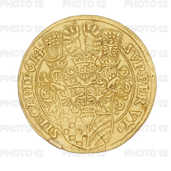 2 ducats, Charles II (Duke of Ziebice-Olesnica; 1587–1617). Obverse: male bust in armour with a sash, wide ruff and long beard, turned right; rim inscription between pearl borders divided at the top by the ruler's head: 'CAROL.D:G.DVX.MUNST.ET.OLS:CO:GLA.' Reverse: five-field coat of arms of the Duchy of Ziebice-Olesnica, with the Podebradowicz coat of arms in the heart field; above the shield three jewels with labres; rim inscription twice divided by a shield: 'SVP..PER.VT. - SIL.CAPIT.614.' Date: 1614. Region: Silesia, Duchy of Olesnica (1313–1884), Olesnica. Coin; diameter ~27.7–28 mm; weight 6.92 g.