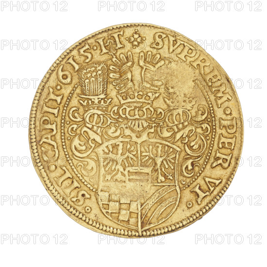 2 ducats, Charles II (Duke of Ziebice-Olesnica; 1587–1617). Obverse: male bust in armour with a sash, wide ruff and long beard, turned right; rim inscription between pearl borders divided at top by the ruler's head: CAROL.D:G.DVX.MVNST.ET.OLS:CO:GLA. Reverse: five-field coat of arms of the Duchy of Ziebice-Olesnica, heart field with the Podebradowicz coat of arms, three jewels with labres above the shield; rim inscription twice divided by a shield and bearing the mintmaster's initial HT and mark SVPREM.PER.VT. - SIL.CAPIT.615. Dated 1615. Silesia, Duchy of Olesnica (1313–1884), Olesnica. Coin; diameter 27.4 mm, weight 6.95 g.