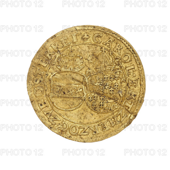 commemorative ducat on the occasion of the shooting competition in Nysa, Karol (Duke of Nysa; Bishop of Wroclaw; 1608–1624). Obverse: two coats of arms shields; under the mitre a shield with a transverse band; under the bishop's mitre and crosier a four-field shield with the Lower Silesian Eagle and six lilies; rim inscription + CAROL.ERTZHERZOG.ZVE.OSTERREI; continuous inner rim; diagonal pearl outer rim. Reverse: inscription in six lines A1612./KLEINOT./GROSSEN.FREI/SCHISSENS./.NEIS./19 AVGVS; rosette above and at bottom; dots and crosses between words; diagonal pearl border. 1612. Silesia, Duchy of Nysa (1302–1810, 1850), Nysa. Medal (or commemorative coin). Diameter 23.0 mm; weight 3.47 g.