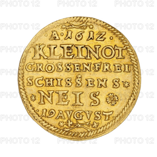 2 commemorative ducats on the occasion of the shooting competition in Nysa, Karol (Duke of Nysa; Bishop of Wroclaw; 1608–1624). Obverse: two coats of arms shields; under the mitre a shield with a transverse band; under the bishop's mitre and crosier a four-field shield with the Lower Silesian Eagle and six lilies; above the shields and below plant motifs with crosses; rim inscription +CAROL.ERTZHERZOG.ZVE.OSTERREICH; continuous inner border; diagonal beaded outer border. Reverse: inscription in six lines A1612./KLEINOT/GROSSEN.FREI/SCHISSENS./.NEIS./.19 AVGVST above and below floral motifs, between the words dots and rosettes; diagonal pearl border. 1612. Silesia, Duchy of Nysa (1302–1810, 1850), Nysa. Medal (or commemorative coin). Diameter 26.0 mm; weight 6.95 g.