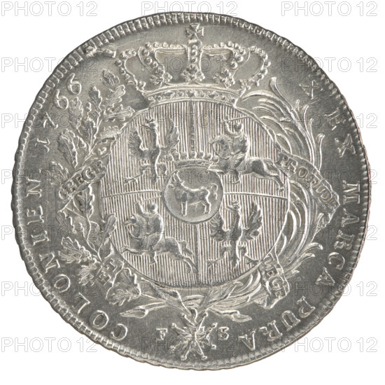 Crown thaler, Sylm, Frederick William (fl. 1765–1767); Stanislaw August Poniatowski (King of Poland; 1732–1798). 1766. Silver coin (Crown thaler), diameter 43.2–44.3 mm, weight 27.94 g. Obverse: Bust of Stanislaw August in armour wearing the Order of the White Eagle, turned right; legend divided at bottom: STANISLAUS AUGUSTUS DG REX POL. MD LITHU.; pearl border. Reverse: Under a crown, within a wreath entwined with a sash bearing the motto PRO FIDE - LEGE - ET - GREGE, a round five-field coat of arms showing Poland (Orzel), Lithuania (Pogon) and the Poniatowski coat of arms (Ciolek); Order of the White Eagle on the sash; letters F - S at sides; legend divided twice: X EX MARCA PURA - COLONIEN 1766; pearl border; decorative edge. Polish–Lithuanian Commonwealth (1569–1795).
