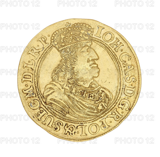 Gdansk ducat, Lesse, Daniel (1656–1685). John II Casimir Vasa (King of Poland; reign 1648–1668). Obverse: crowned bust of the king, right profile, wearing the Order of the Golden Fleece, within a rope rim inscribed 'IOH.CAS.DGR POL.& SUEC.MDLRP'. Reverse: coat of arms held by two lions, a wreath surrounding a flower at the top, a cartouche dividing the letters 'DL' at the bottom, within a corded rim inscribed 'MON:AUREA CIVITAT.GEDANEN.1661'. Dated 1661. Poland, Gdansk. Coin; weight 3.50 g.