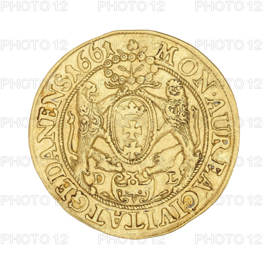 Gdansk ducat, Lesse, Daniel (1656–1685), John II Casimir Vasa (King of Poland; r. 1648–1668). Obverse: crowned bust of the king, right profile, wearing the Order of the Golden Fleece; legend within a rope rim: IOH.CAS.DGR POL.& SUEC.MDLRP. Reverse: coat of arms held by two lions, a wreath with a flower at the top, cartouche at the bottom dividing the letters DL; corded rim legend: MON:AUREA CIVITAT.GEDANEN.1661. 1661. Poland, Gdansk. Coin; weight 3.50 g.