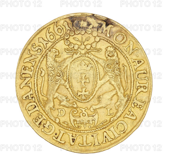 Gdansk ducat by Daniel Lesse (1656–1685), 1661. Obverse: crowned right-profile bust of King John II Casimir Vasa wearing the Order of the Golden Fleece; legend IOH.CAS.DGR POL.& SUEC.MDLRP. Reverse: Gdansk coat of arms held by two lions, wreath with a flower above, cartouche dividing letters DL below; legend MON:AUREA CIVITAT.GEDANEN. Weight 3.47 g.