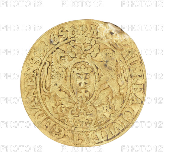 Gdansk ducat, Lesse, Daniel (1656-1685); John II Casimir Vasa (King of Poland; reigned 1648–1668). Obverse: crowned bust of the king, right profile, wearing the Order of the Golden Fleece on the chest; legend within a rope rim: IOAN.CAS.DGREX. POL.& SUEC.MDLR. Reverse: coat of arms held by two lions, wreath with a flower at top, cartouche dividing the letters DL at bottom; corded rim legend: MON:AUREA CIVITAT.GEDANENS.1656. Date: 1656. Poland, Gdansk. Coin; weight 3.21 g.