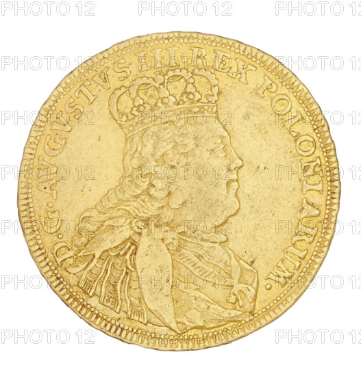 Crown double-ducat, Croll, Ernest Dietrich (fl. 1753–1763). August III the Saxon (King of Poland; Elector of Saxony; 1696–1763). 1753. Obverse: Crowned bust of the king in right profile, legend 'D.G. AUGUSTUS. III. REX. POLONIARUM'. Reverse: Under the crown a five-opel shield between branches, with the Polish, Lithuanian and Saxon coats of arms. Inscription: 'SAC. ROM. IMP. ARCHIM. ET ELECT. 1753'. Coin (Polish), Leipzig; weight 6.92 g.