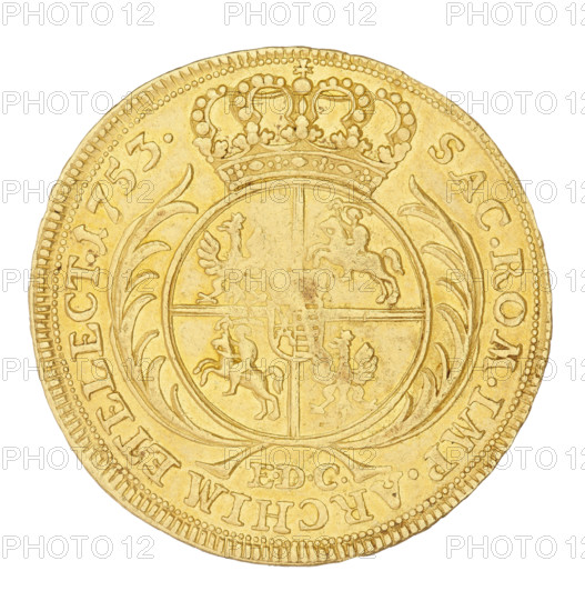 Crown double-ducat, Croll, Ernest Dietrich (fl. 1753–1763); August III the Saxon (King of Poland; Elector of Saxony; 1696–1763); 1753. Obverse: Crowned bust of the king in right profile, legend 'D.G.AUGUSTUS.III.REX.POLONIARUM'. Reverse: Under the crown a five-opel shield between branches with the Polish, Lithuanian, and Saxon coats of arms; below the letters 'E.DC'. Inscription: 'SAC.ROM.IMP.ARCHIM. ET ELECT. 1753'. Coin (double-ducat), weight 6.92 g; struck in Leipzig.