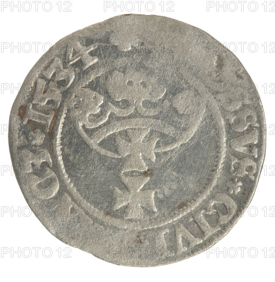Gdansk grosz, Sigismund I the Old (King of Poland; 1506–1548). Polish coin (1534). Obverse: Crowned male bust in profile turned to the right; rim between pearl-shaped borders with inscription 'SIGIS.IR, DO.TOCI.' Reverse: Coat of arms of Gdansk; rim between pearl-shaped borders with inscription 'SVS.CIVI, CZ.1534.' Style: royal/numismatic; subject: royal busts, city coat of arms.