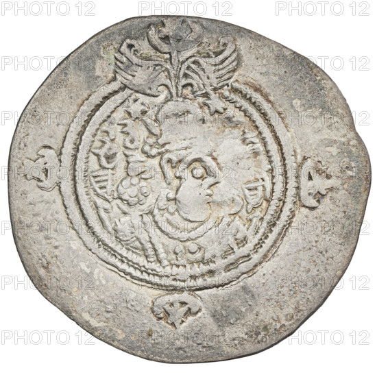 Drachma, Chosroes II Parwiz (ruler of Persia; 590–628). Obverse: bust of Chosroes II facing right, wearing a crown decorated with two wings, a crescent and a star; to the left a star, to the right a crescent; beads around the neck and a central triangle composed of three dots; behind the crown two ribbons; double pearl rim; behind the rim at the bottom and on both sides a crescent with a star; Pahlavi inscription. Reverse: a burning altar; to its left the ruler/Arsaces standing upright with a sword in his hand; to its right a priest standing upright holding a sword; a star at top left and a crescent at top right; signs/monograms on both sides; triple pearl border with four crescents and stars outside it; Pahlavi inscription. Date: 590–628. Persia. Coin. Weight: 3.45 g.