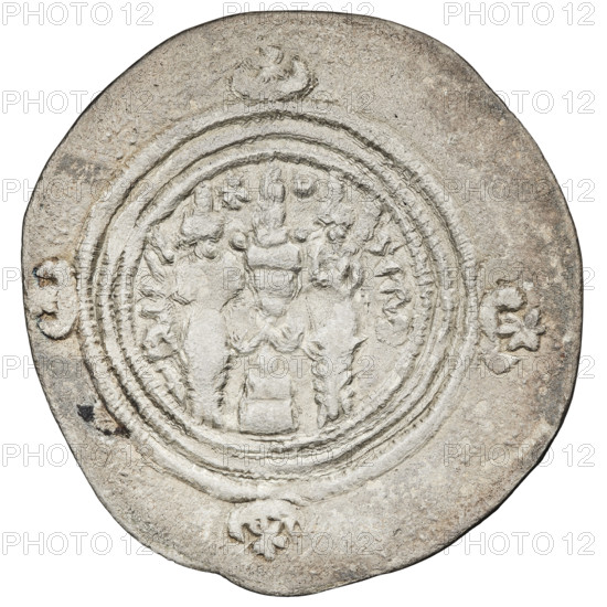 Drachma, Chosroes II Parwiz (ruler of Persia; 590–628). Obverse: bust of Chosroes II facing right, wearing a crown decorated with two wings, a crescent and a star; to the left a star, to the right a crescent; beads around the neck and a central triangle composed of three dots; behind the crown two ribbons; double pearl rim; crescents with stars behind the rim at the bottom and on both sides; Pahlavi inscription. Reverse: a burning altar; left of it the ruler/Arsaces standing straight with a sword in his hand; right of it a priest standing straight holding a sword; star at top left and crescent at top right; signs/monograms on both sides; triple pearl border with four crescents with stars outside; Pahlavi inscription. Date: 590–628. Persia. Coin. Weight: 3.45 g.