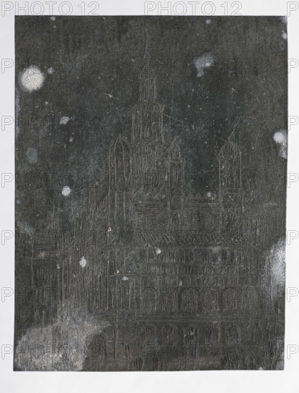 Poznan City Hall; verso: Fragment of a composition; Jablczynski, Feliks (1865–1928), graphic artist; cityscapes, cities, towers, city views, town halls, stairs, tenement houses; Town Hall (Poznan); architectural studies; Poznan (Greater Poland Voivodeship), Poland; Polish graphic art; ca. 1925; Warsaw; graphic art; graphic matrix/graphic plate; height 9.4 cm, width 7.2 cm
