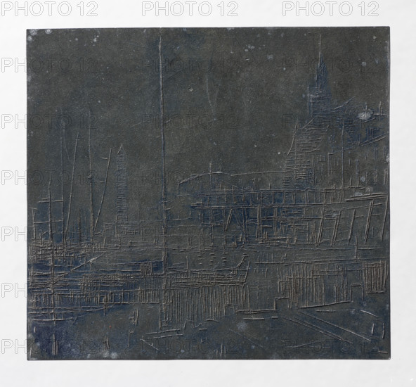View of a port quay in a northern European city; verso: graphic trials or fragment of a composition, Jablczynski, Feliks (1865–1928), graphic artist; tenement houses, cities, landscapes, cityscapes, streets, architectural studies, towers, views, ships, architectural views, city views, port quays; Polish graphics, Poland, ca. 1924; graphic matrix/graphic plate; height 7.9 cm, width 8.7 cm