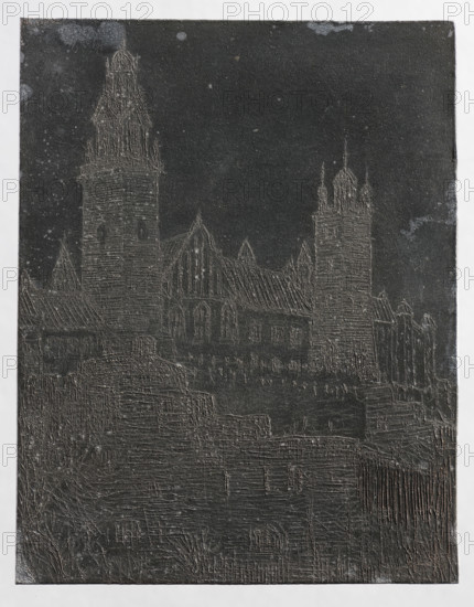 Feliks Jablczynski (1865–1928), graphic artist; tenement houses, cities, landscapes, cityscapes, architectural studies, streets, views, towers, architectural views, city views, castles; Wawel (Kraków), royal residences; Polish graphics; Poland; ca. 1924; Warsaw; graphic matrix/graphic plate; height 9.9 cm, width 8.1 cm
