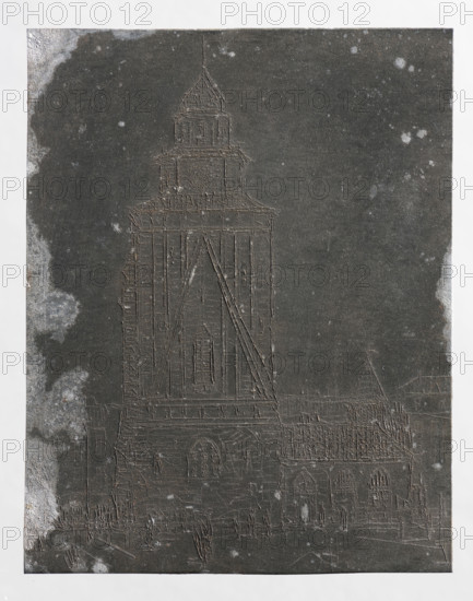 Town hall tower in Krakow with neo-Gothic guardhouse; Feliks Jablczynski (1865–1928), graphic artist; cities, landscapes, cityscapes, architectural studies, towers, streets, architectural views, city views, views, town halls; Polish graphic art; Poland; ca. 1924; Warsaw; graphic art; graphic matrix/plate; height 9.5 cm, width 7.4 cm