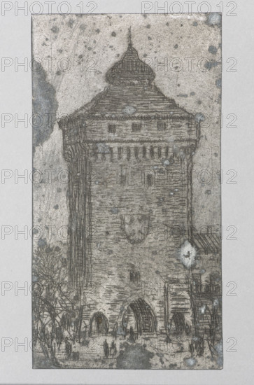 Florian's Gate in Kraków; Feliks Jablczynski (1865–1928), graphic artist; Polish graphics; ca. 1924; graphic matrix/graphic plate; subject: Florian's Gate, tenement houses, cityscape, architectural study, streets, views; medium: graphics; place: Kraków (Lesser Poland Voivodeship), Warsaw; dimensions: height 10 cm, width 5.3 cm.