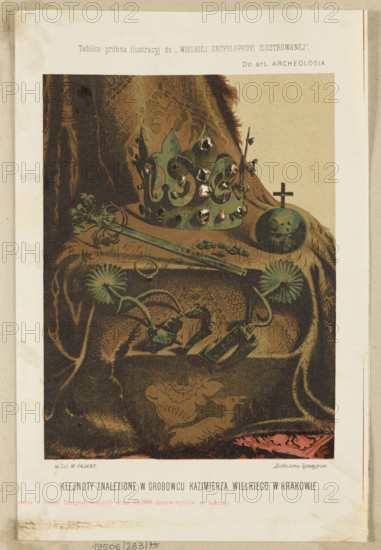 Jewels from the tomb of Casimir the Great in Kraków; graphic artist Maksymilian Fajans (Warsaw; lithographic and photographic workshop; active 1853–1889), lithograph; publisher; illustrations; album; apples; rulers' crowns; jewels; regalia; spurs; Casimir the Great (King of Poland; 1310–1370); 1853; Warsaw; graphic art; height 20.5 cm; width 15.3 cm